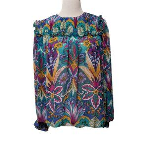 Nicole Miller Womens Size L Colorful Floral Chiffon Balloon Sleeve Pin Pleat Top
